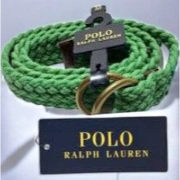 Polo Ralph Lauren Green Webbed Cotton ORing Belt Leather Trim Braided New Large - Picture 3 of 7